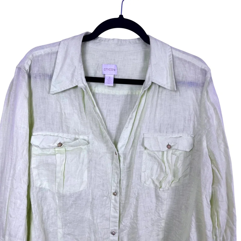 Chicos XL 100% Linen Button Down Shirt Pale Yellow Roll Tab Sleeve (P716)‎